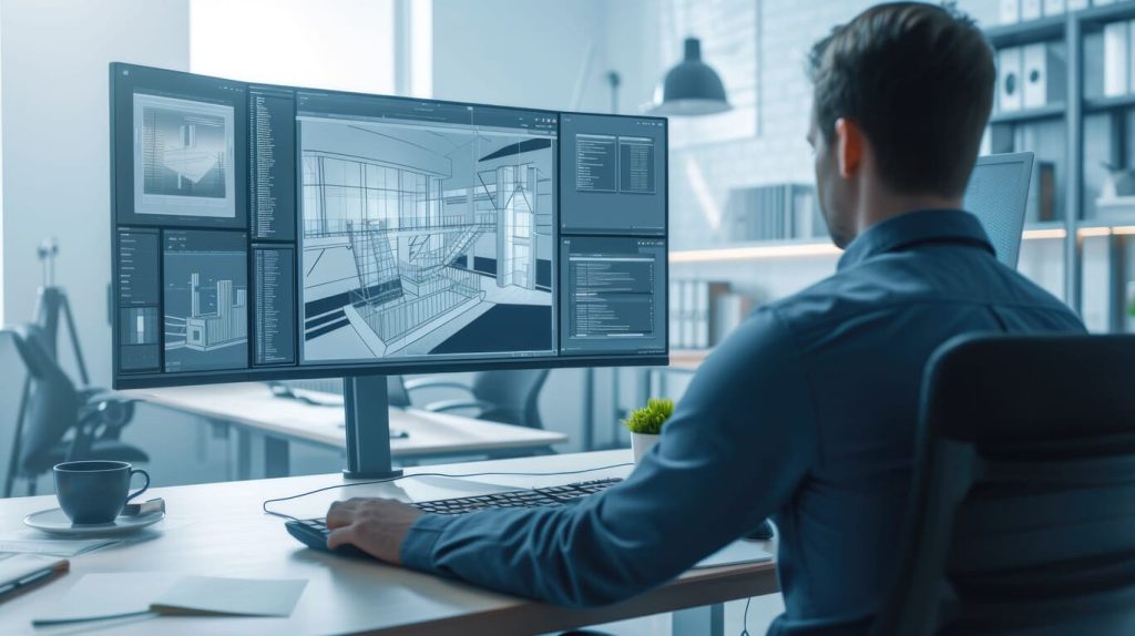 uomo che sta usando al pc un software di progettazione