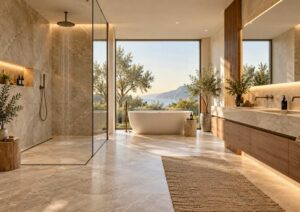 Bagno moderno 2027 con doccia walk-in e grandi superfici in gres effetto pietra
