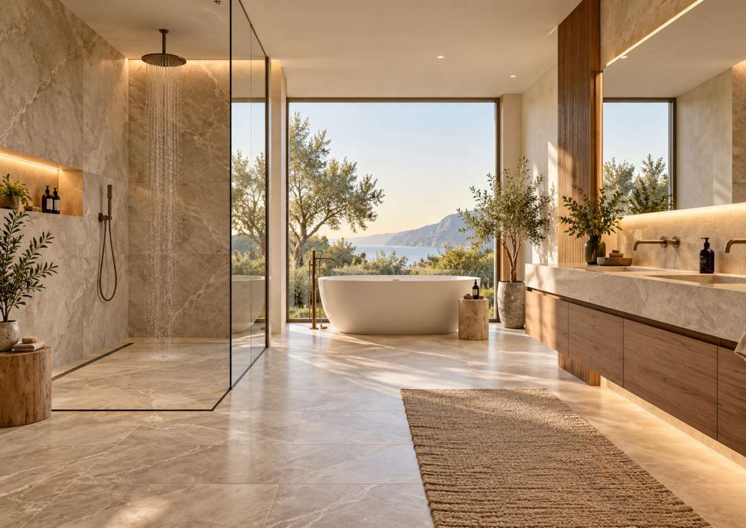 Bagno moderno 2027 con doccia walk-in e grandi superfici in gres effetto pietra