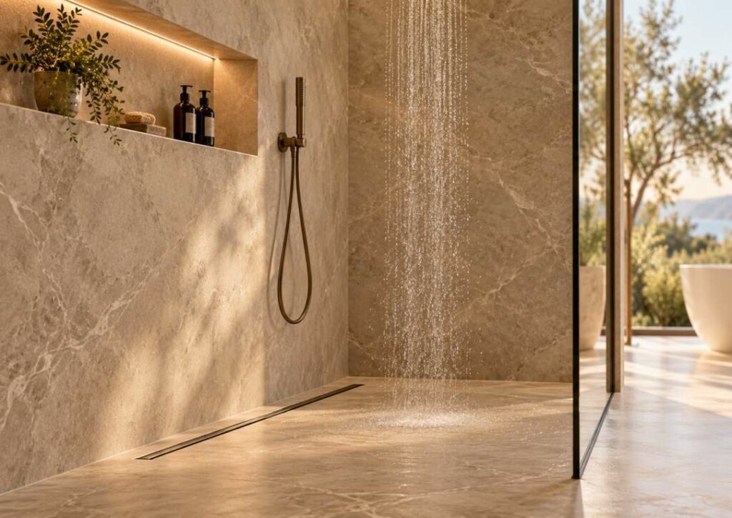Bagno in resina con superfici continue nella zona doccia