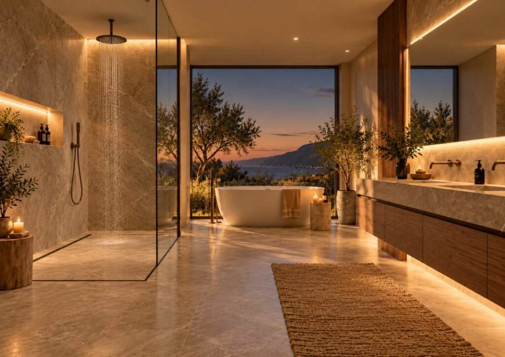 Bagno effetto spa con illuminazione indiretta e nicchia integrata
